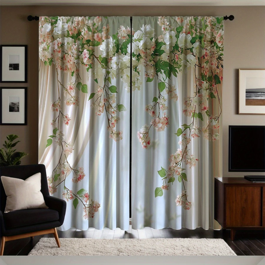 2PCS Digital Printed Curtains, Spring Flower Greenery Fresh Pastoral, Modern Home Decor Style for Living Room Bedroom Decor