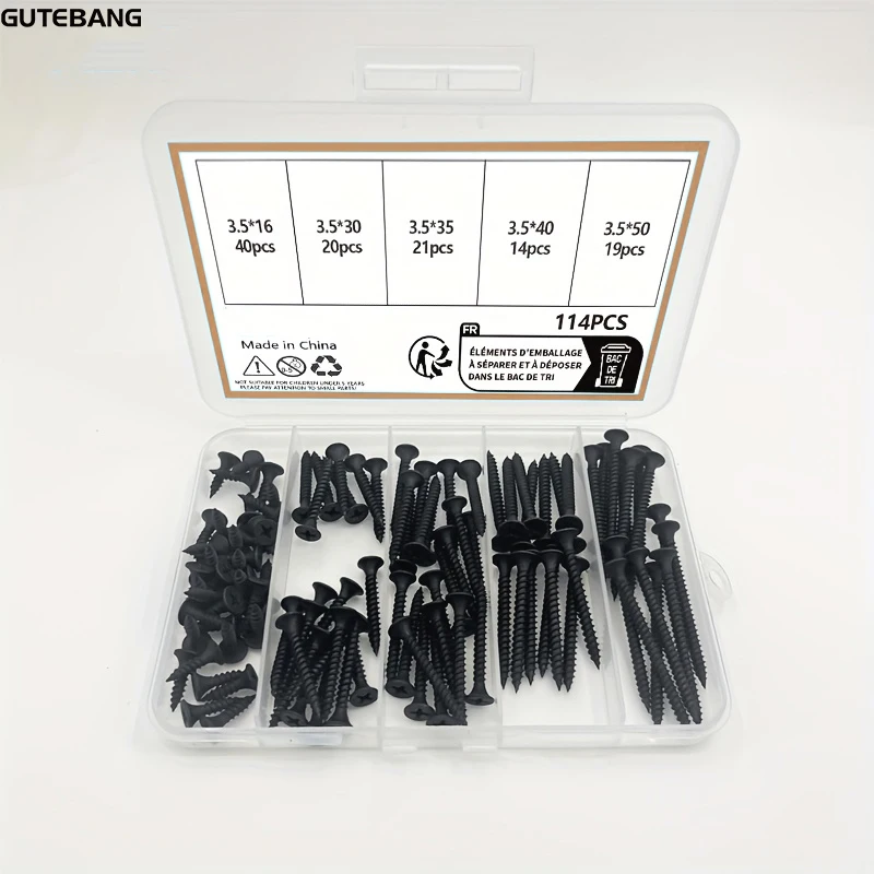 114-piece high-hardness black wood screws combo kit, cross-head flat-head wood screws, 5 sizes, 3.5*16-50mm