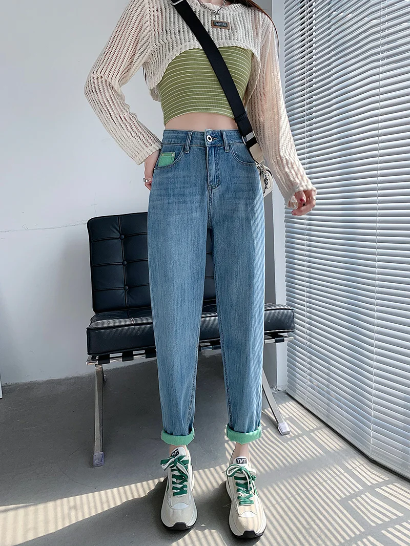 

High Waist Loose Fit Mom Jeans Women's Spring Autumn Winter Trendy Cotton Stretch Denim Pants Straight Leg Ankle-Length