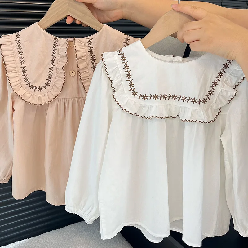 

Children's Girls' Spring and Autumn Fashion Versatile Two-tone Embroidered Floral Shirt Trendy Fresh Top
