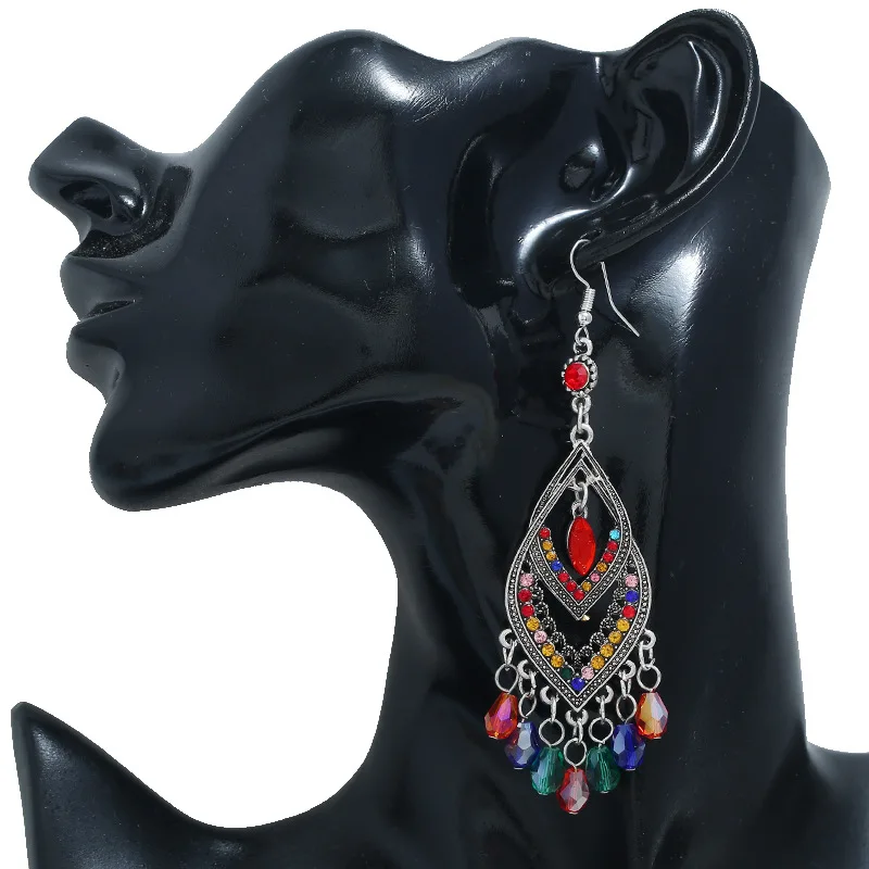 Vintage Chinese Style Crystal Bead Tassel Earrings for Women Long Elegant Hollow Rhinestone Dangle Silver Color Earring Jewelry