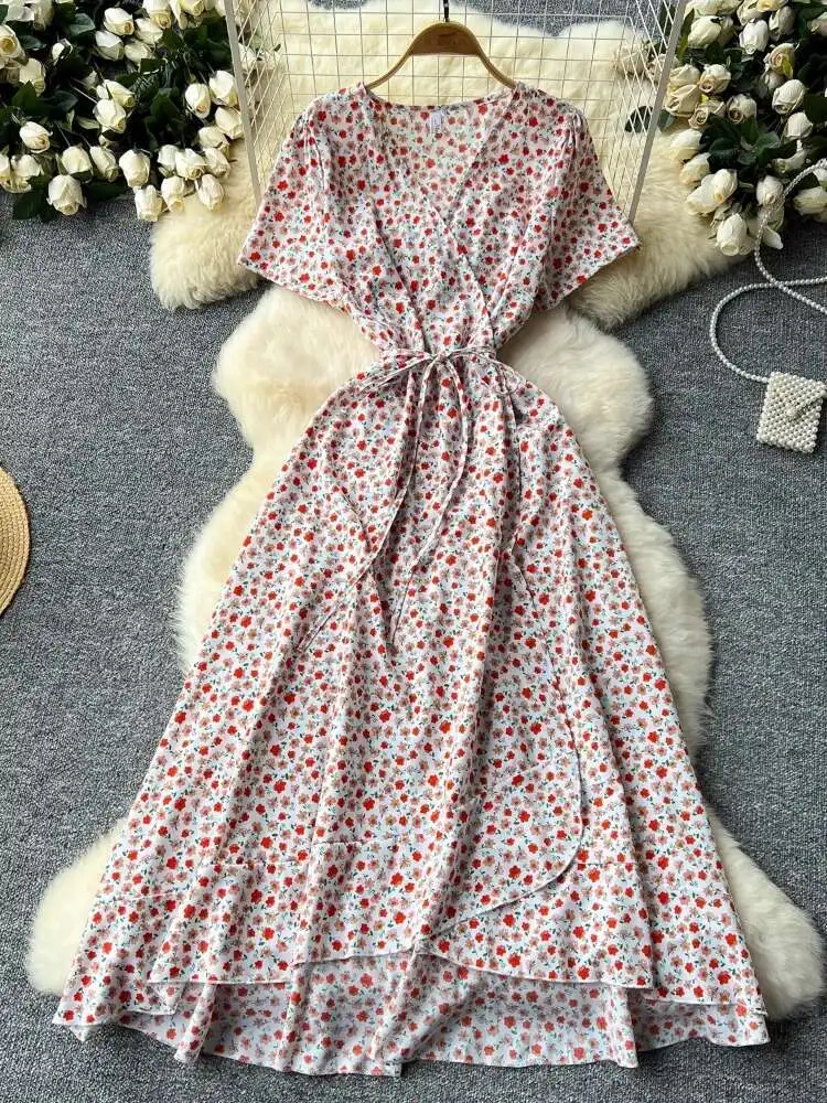 レディースプリントビーチドレス 夏 セクシー Vネック レースアップ 半袖 花柄ワンピース フレンチスリム Aライン ボヘミアン ロングローブ ワンピース