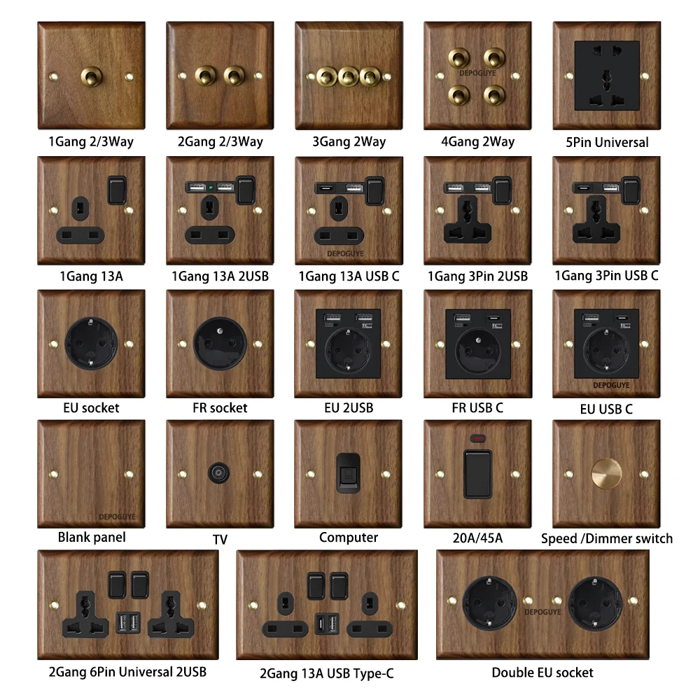 High Quality Retro Europe Type Vintage Wall Light Switch Socket, Solid Wood Brass Toggle Switch Plate, Antique Home Stay Switch