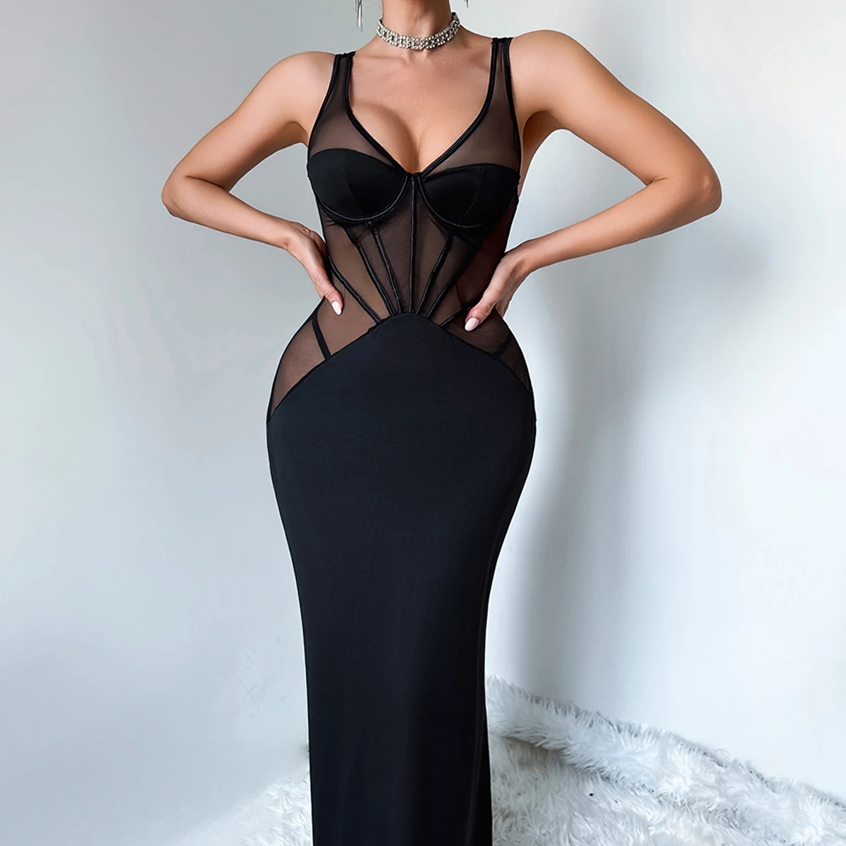 Aveline 2026 Women's Fashion Perspective Mesh Slimming and Body Shaping Midnight Sexy and Elegant Dress with Thong Pants