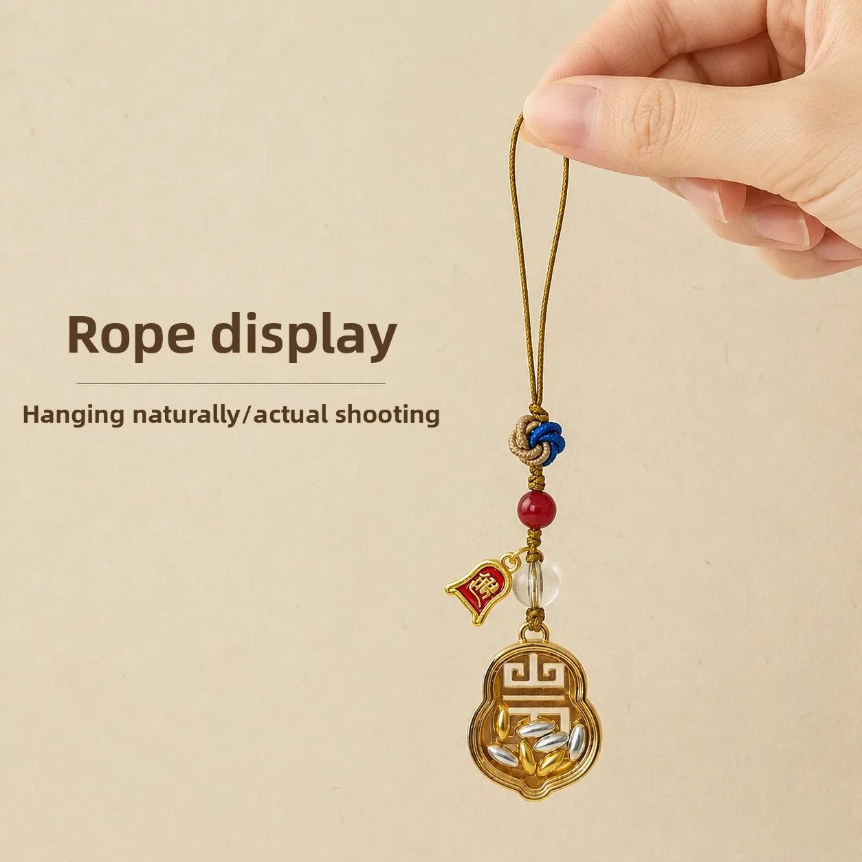 Chinese Style Lucky Gourd Seven Rice Pendant Wealth Attracting Hanging Ornament Hand Woven Keychain Phone Bag Decor Auspicious