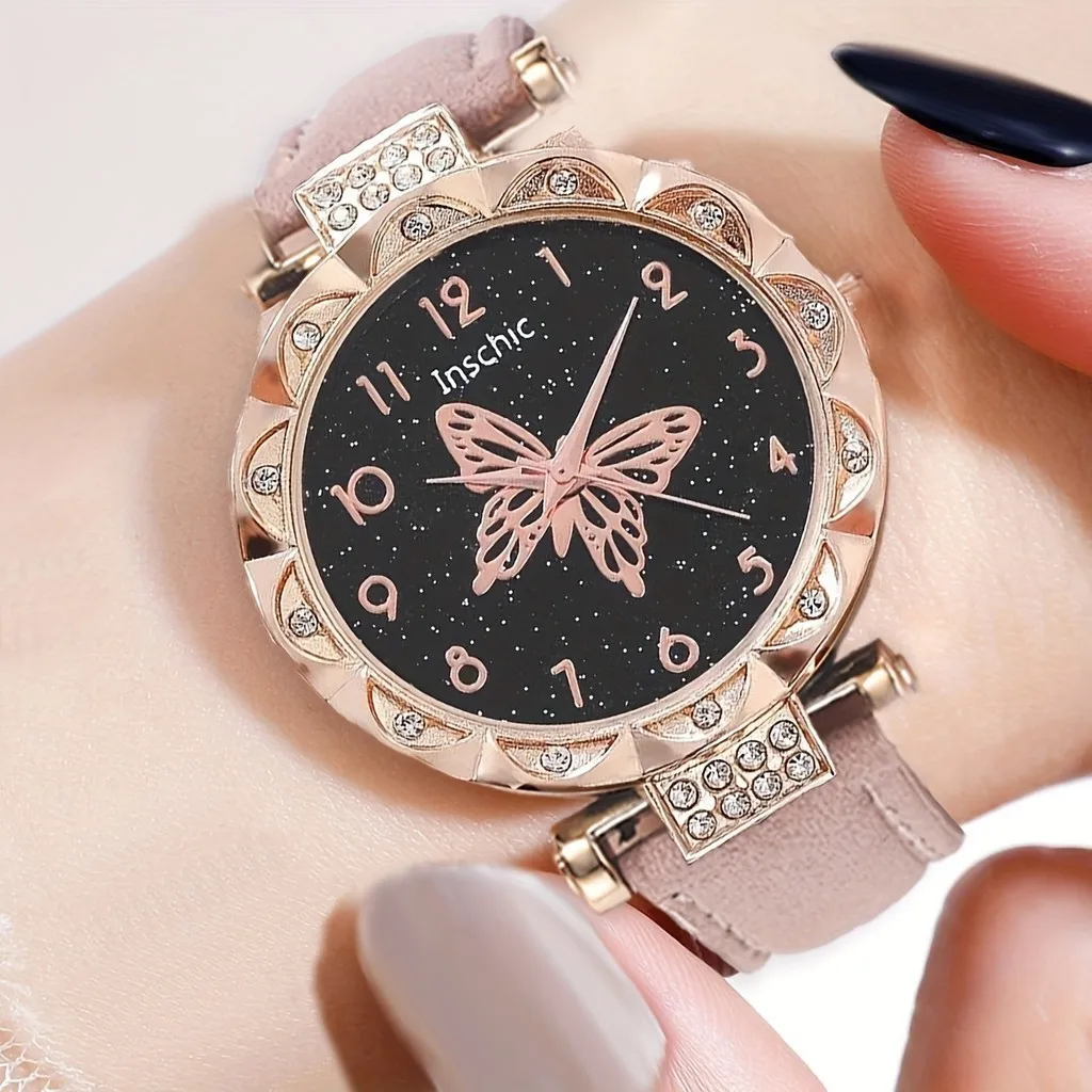 Kegllect ชุดนาฬิกาควอตซ์แบบเรียบผีเสื้อแวววาวของผู้หญิง4ชิ้น