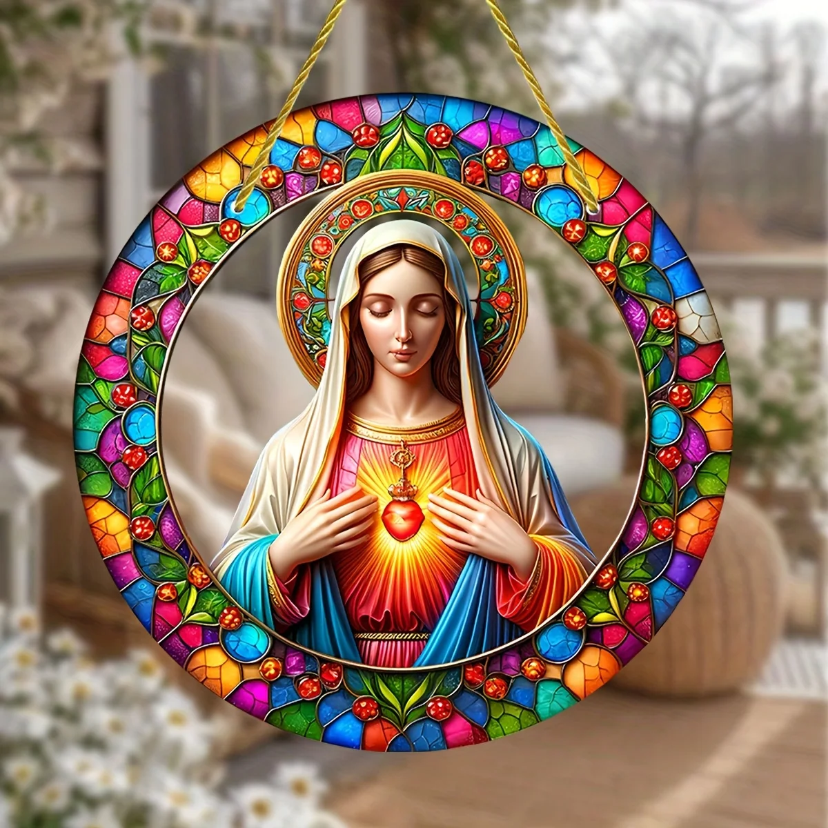 Anniversary Gift Religious Suncatcher-Round Acrylic Saint Themed Window Hanging,home,Faith-Inspired Ornament with Nylon Rope