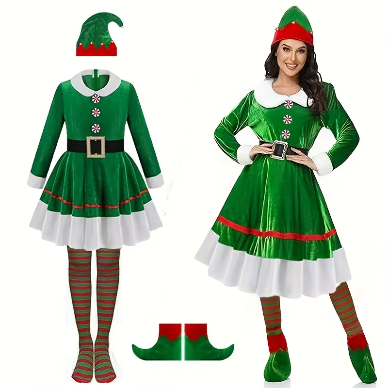5pcs Christmas Elf Costume Set for Women Fleece Lined Hooded Princess Dress Winter Elf Role Play Fantasy Outfit Halloween Party