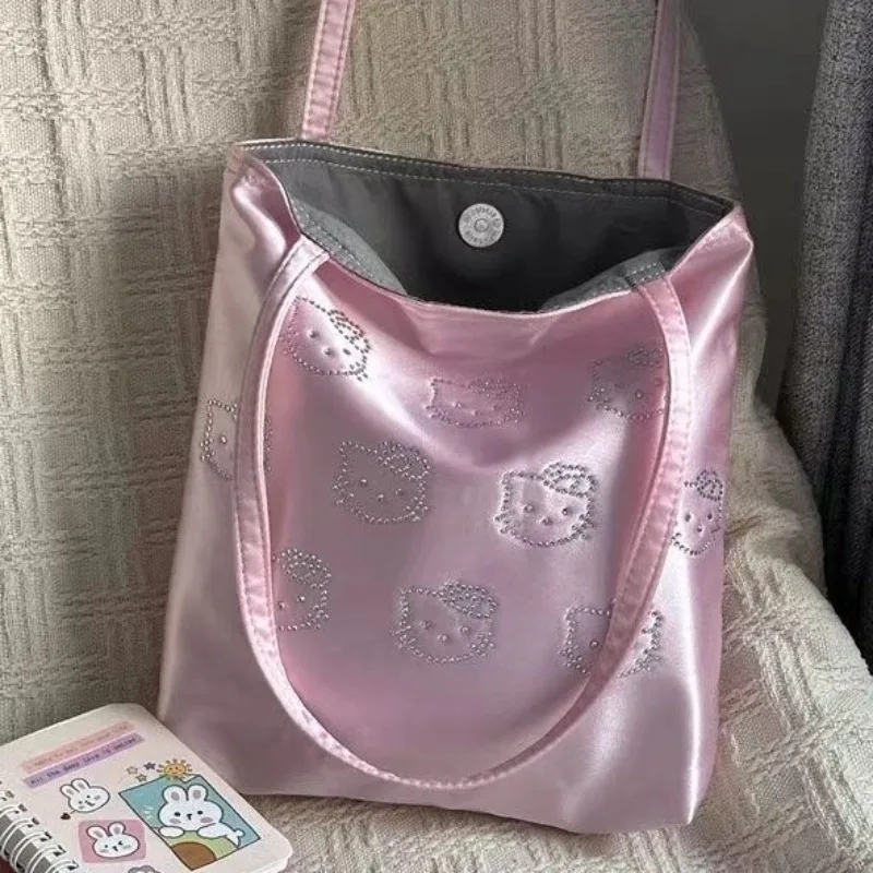 Sanrio Hello Kitty Rhinestone Shoulder Bag Women's Fashionable Silk Surface Kawaii All-match Large Capacity Tote Handbag Gift