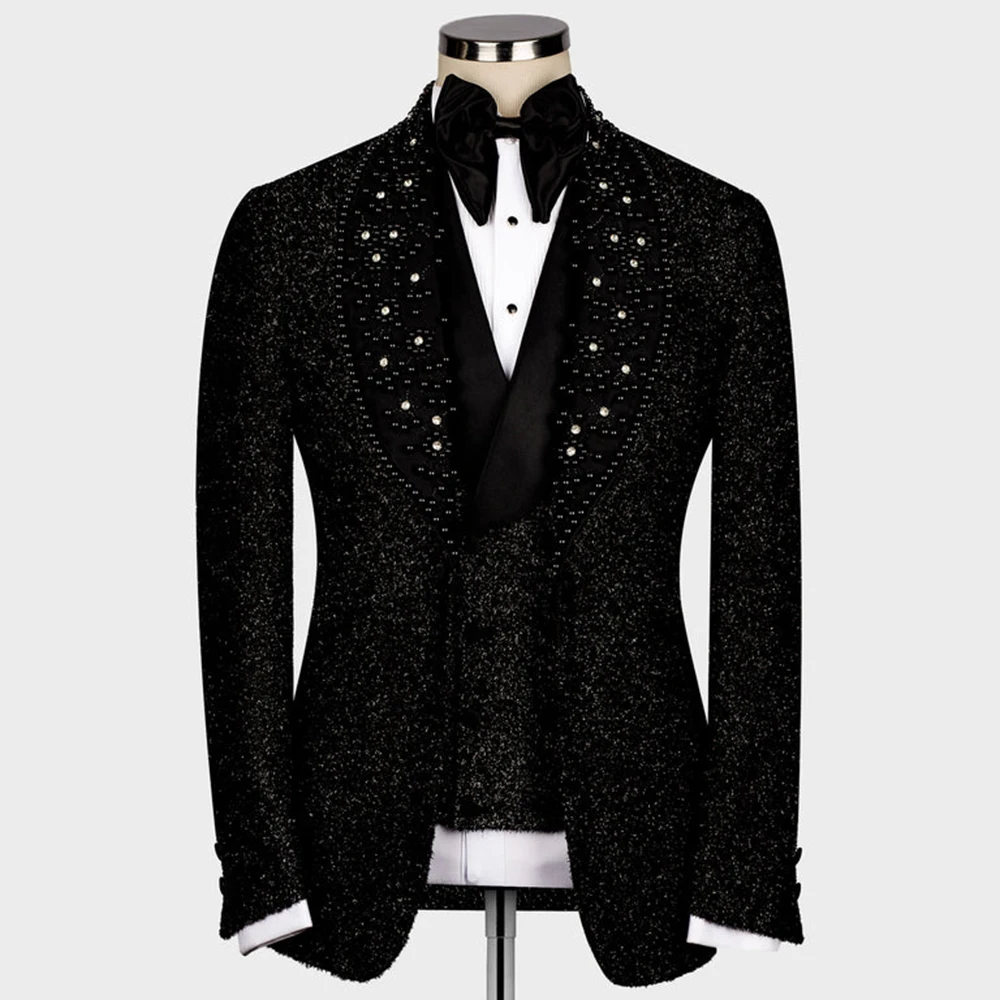 

Luxury Sparkly Wedding Suits For Man Black Pearls Shawl Lapel Prom Blazer Tailored 3 Piece Men's Banquet Tuxedos Plus Size Coat