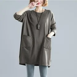 Spring and Autumn Women's Pullover Round Neck Pockets Patchwork Solid Loose Underlay Fashion Casual Elegant Long Sleeve Tops