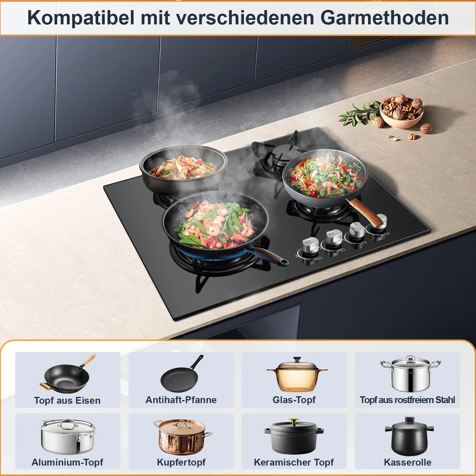 60cm Einbau-Gaskochfeld mit 4 Brennern | Auto-Thermoelement & Sicherheitsschloss | 4-Zonen-Herd aus gehärtetem Glas 8060W mit automatischer Zündung – Detail 3