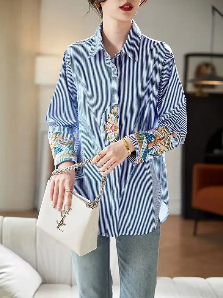 National Style Embroidered Striped Long-sleeved Shirt 2025 Spring and Autumn All-match Professional Shirts Versatile for Women