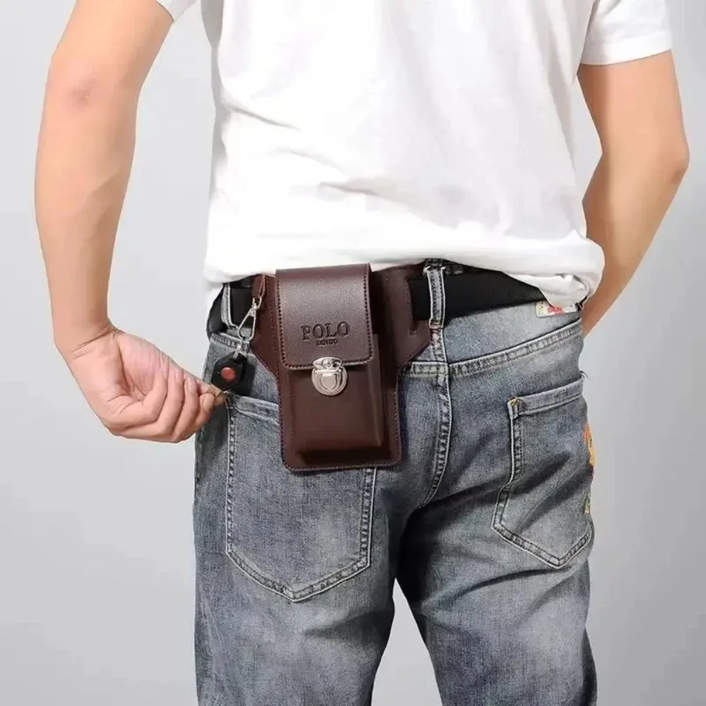 

High Quality PU Men's Belt Leather Case Solid color Phone Waistpack Card Bag