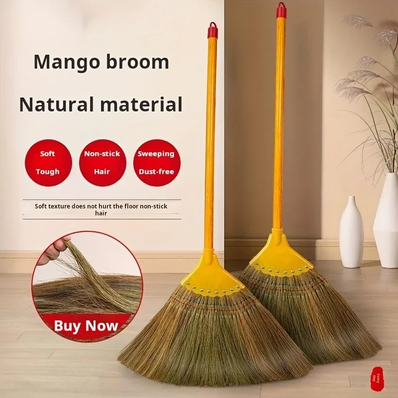 1 Pc Household Soft Bristle Broom, Long Handle Wooden Broom, Natural Mango Grass Broom for Home, Outdoor Use