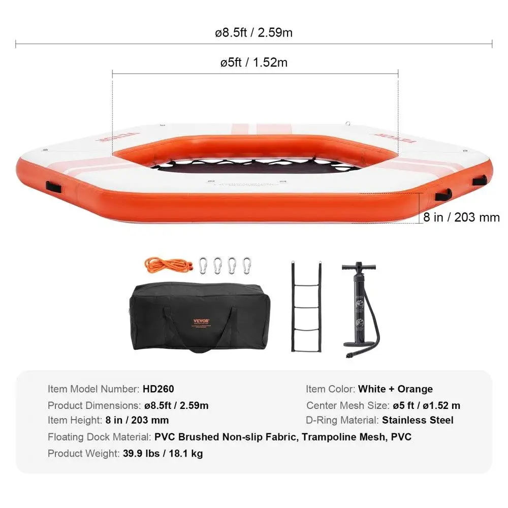 Inflatable Floating Dock 8.5FT for pool Platform 5FT Trampoline Mesh Water Mat Non-Slip Portable Bag Detachable Ladder for pool