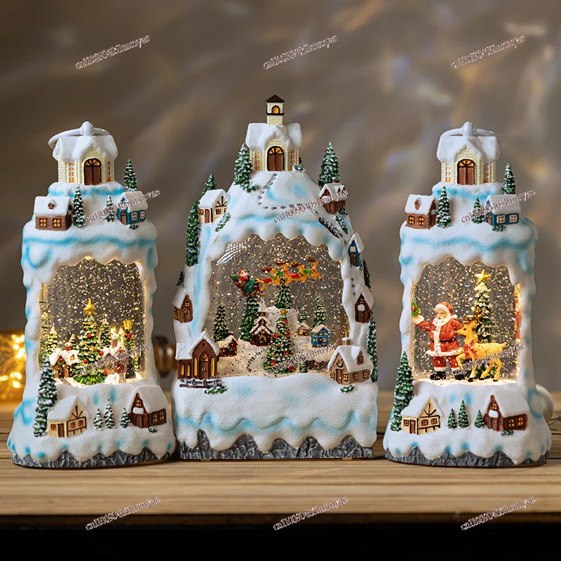 New Village Christmas Town Scene Arrangement Ornament Old Man Deer Gift Resin Glow