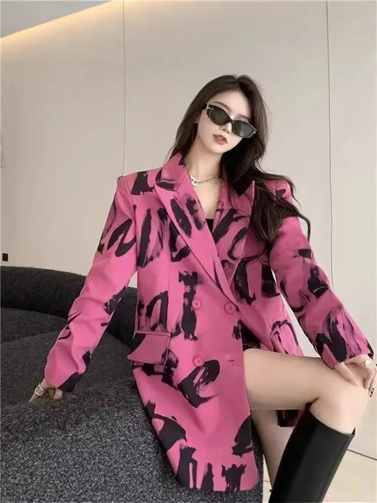 Women Graffiti Print Oversized Blazer Long Sleeve Notched Lapel Double Breasted Loose Fit Suit Jacket Streetwear Party Outerwear