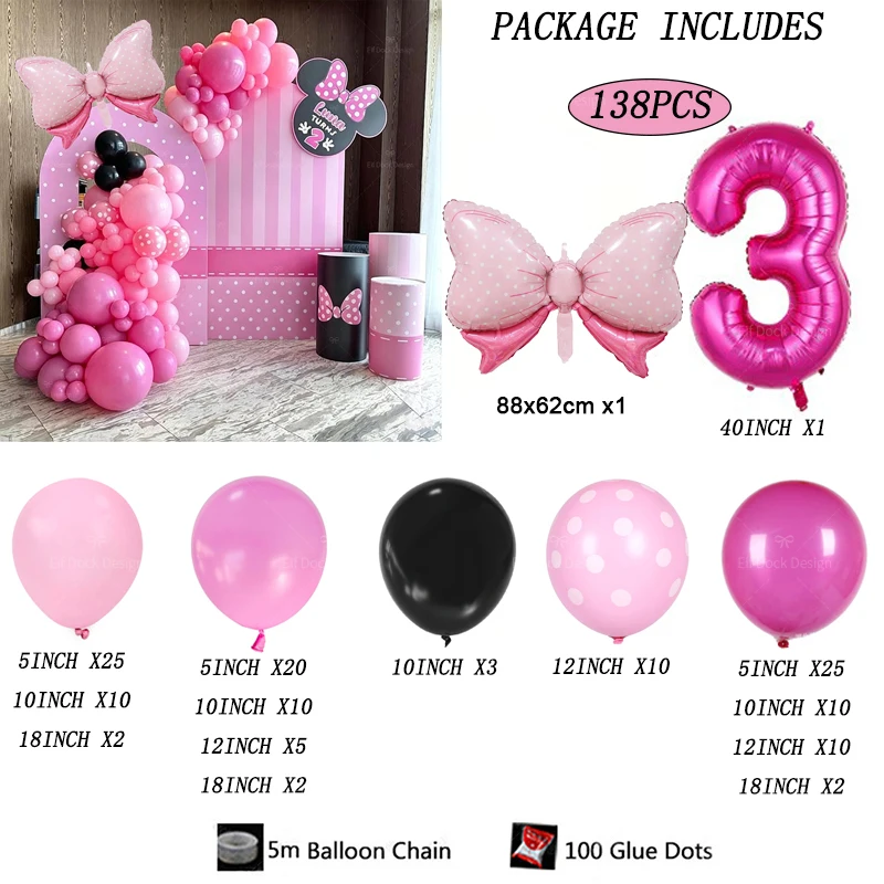 138-teiliges Cartoon Mini-Ballon-Girlanden-Set Rosa Schleifenballons Rosenrote Zahlen Mädchen Geburtstagsparty Deko Baby-Shower Geschenke Zubehör – Detail 4