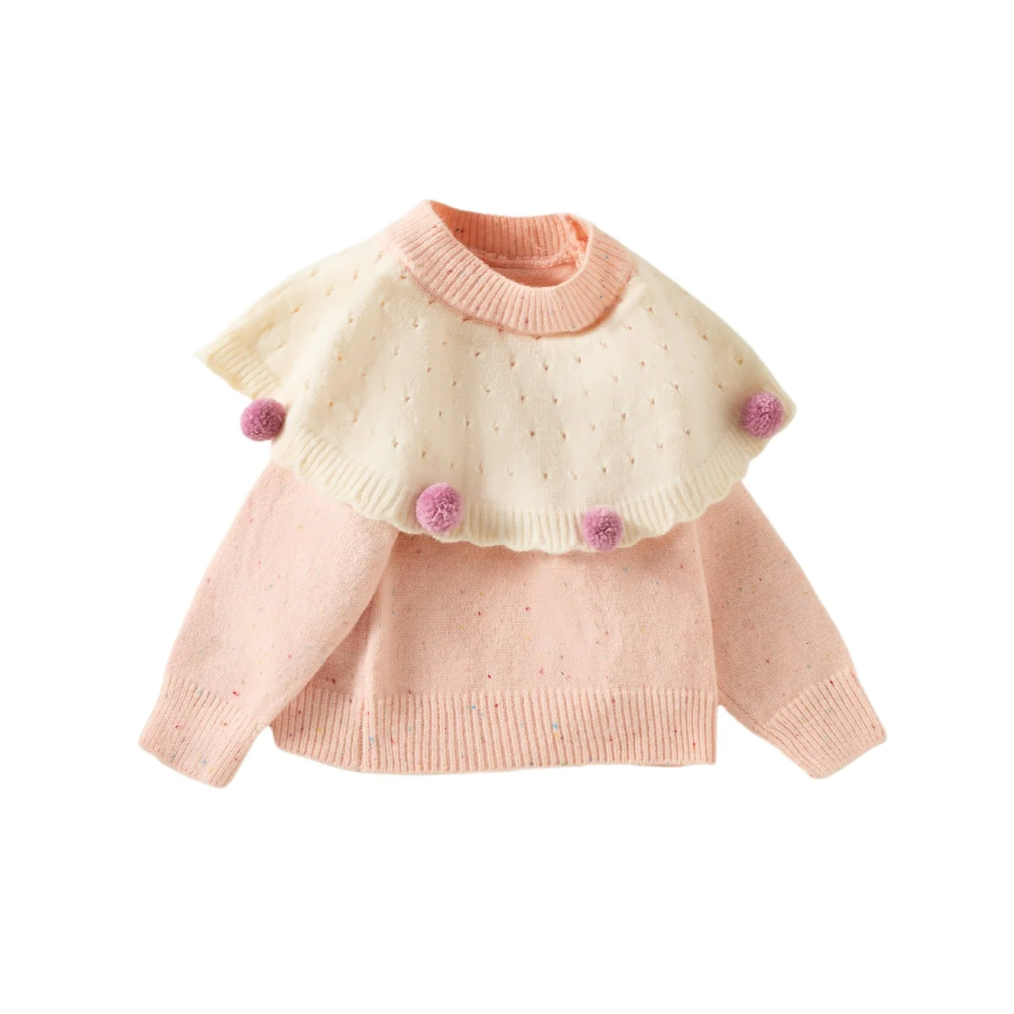 Autumn Girls Pullover Sweater Cute Pom Pom Collar Knitwear Baby Pink Color Block Long Sleeve Top
