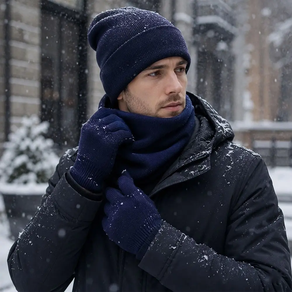 3Pcs/Set Warm Winter Hat Scarf Gloves Set Windproof Soft Knit Beanie Snood Set Elastic Thicken Scarf Neck Warmer for Men Women