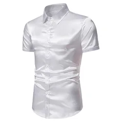 Summer White Silk Satin Shirts for Men Short Sleeve Slim Fit Party Wedding Tuxedo Shirt 2023 Brand New Casual Button Down Shirts