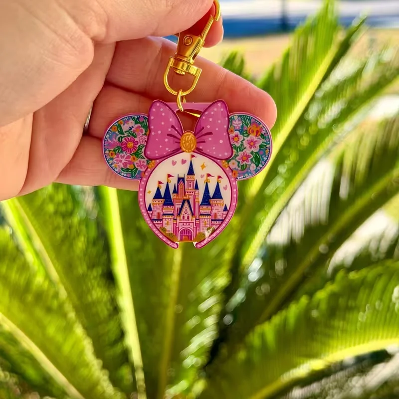 Sweet Pink Bow Mickey Ear Castle Keyring Floral Pattern Acrylic Bag Charm Cute Princess Bag Pendant Girls Accessories Gift