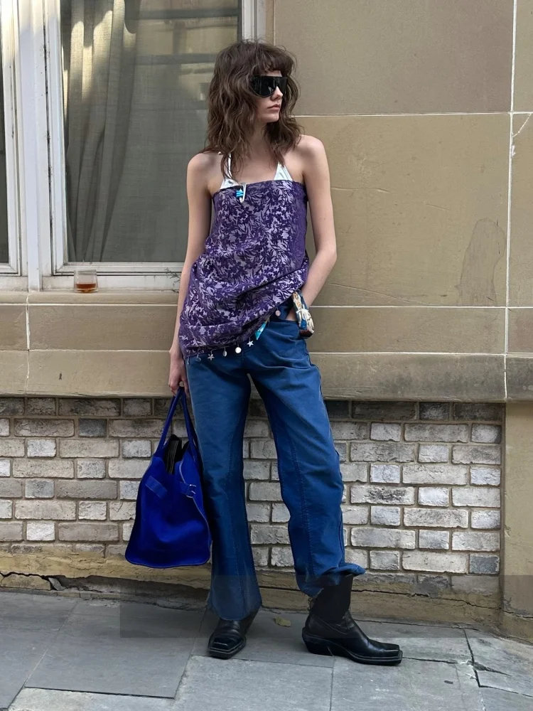 

Джинсы XLWORCLO с высокой талией, синие, с эффектом потертости, в винтажном стиле, прямые, французские рабочие брюки