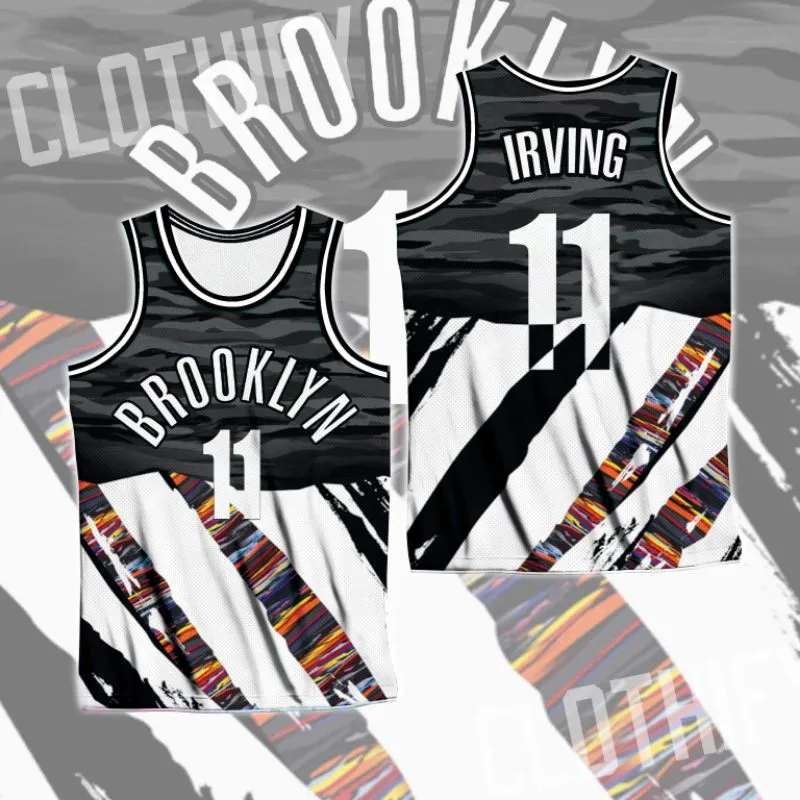 Camisa de basquete Brooklyn – Preto e Branco com Listras Coloridas Irving 11 BROOKLYN Logo Artístico Gráfico Impressão Camisa Atlética