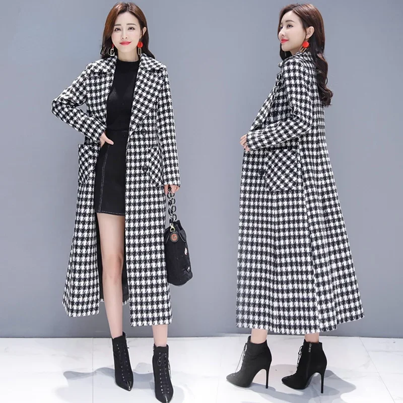 

Large Size M-3XL Autumn and Winter Houndstooth Plaid Coat Women's Long Thick Fashionable Outerwear N72