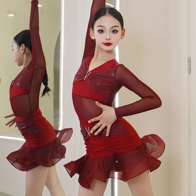 

Детские профессиональные танцевальные платья, красное платье для латинских танцев для девочек, детский костюм для бальных танцев самбы-чача, SL11964