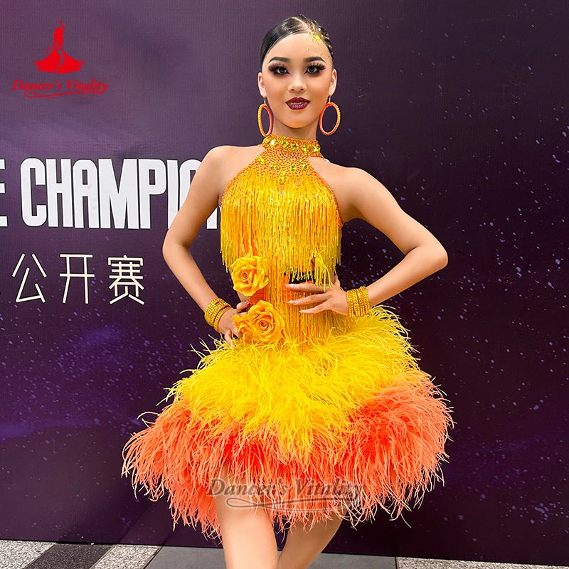 Women Adult Latin Gradient Feather Fringed Dresses Size Can Be Customized Samba Chacha Contest&Perform Clothes Dancer's Vitality