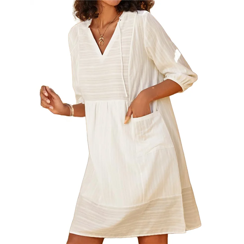AOAO-Womens V Neck Cotton Casual Loose Shift Tunic Smock Summer Dresses Vacation Dress 3/4 Sleeve Pocket