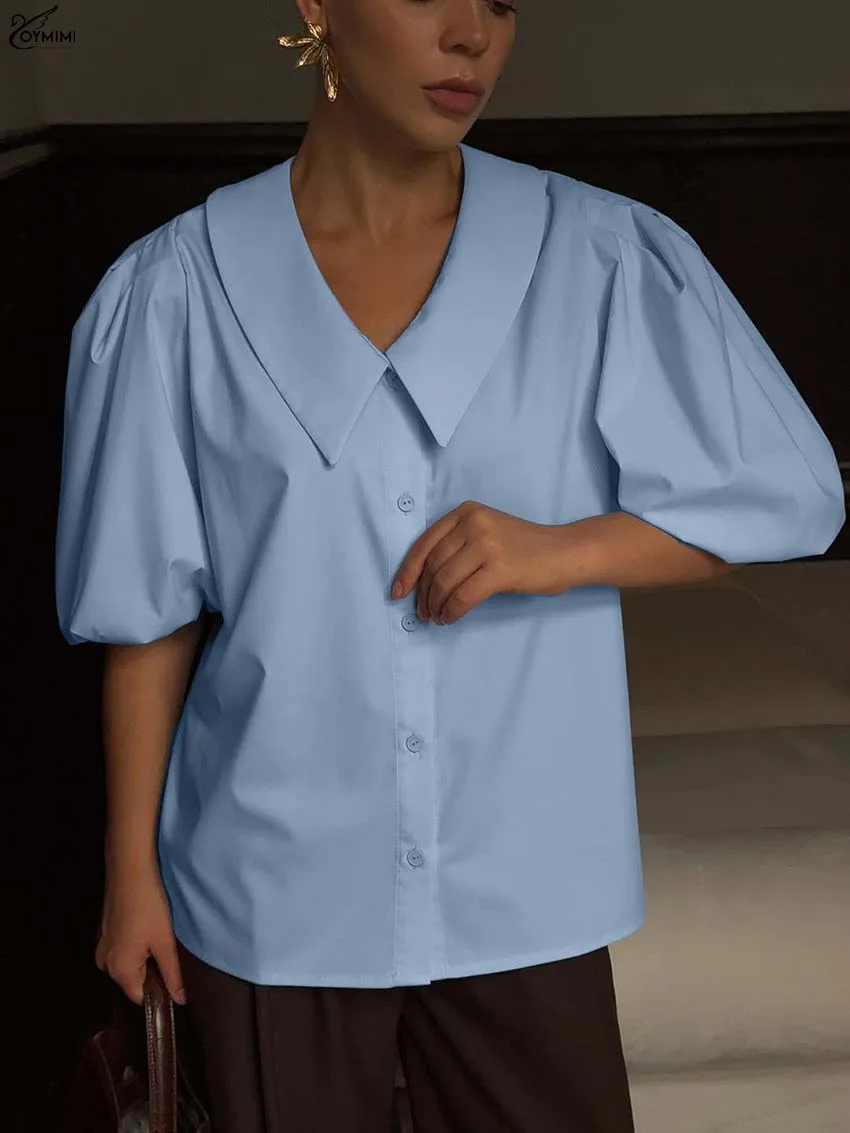 

Oymimi Fashion Blue Cotton Women's Blouse Casual New Turn-Down Collar Puff Sleeve Blouses Elegant Single Breasted Solid Shirts