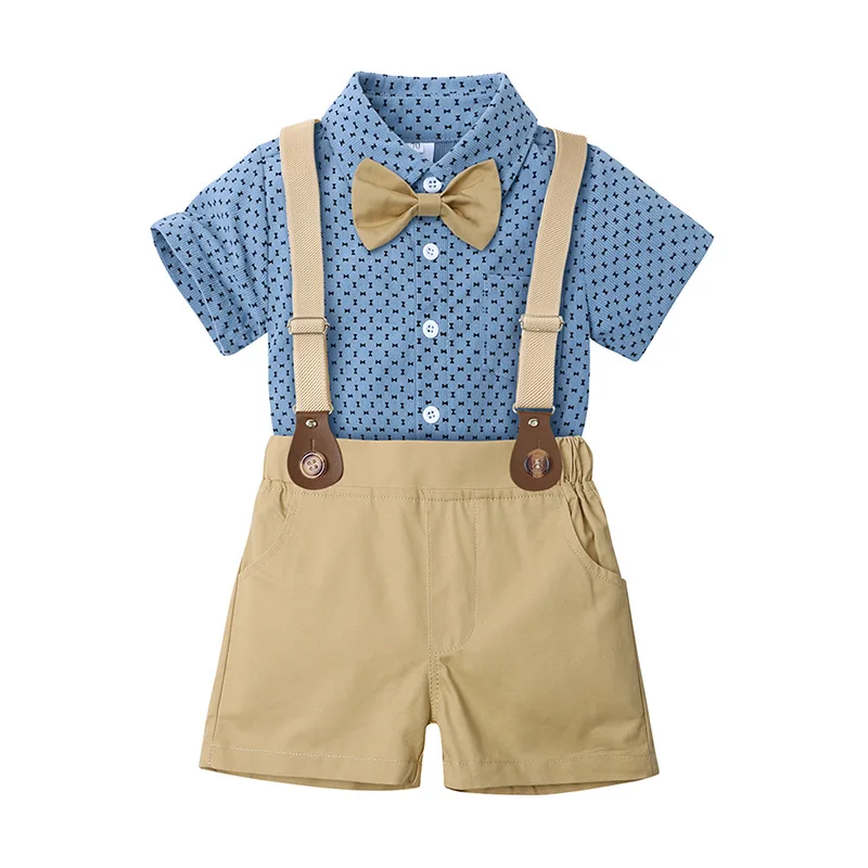 

Toddler Baby Boys Wedding 1-7 Years Summer Clothes Short Sleeve Printed Lapel Shirt Suspender Pants 2Pcs Sets Gentleman's Suit