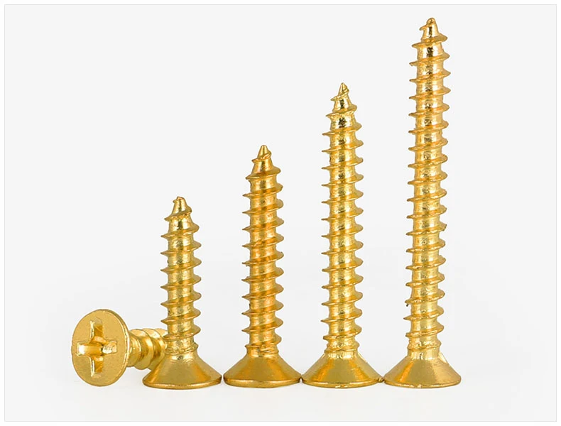 Goldener Waschbeckenkopf, Kreuzschlitz, flache selbstschneidende Schrauben, metrisches Gewinde, Messing, goldene Schrauben, Holzbrett, Faserplatte, Spanplattenmöbel – Detail 4