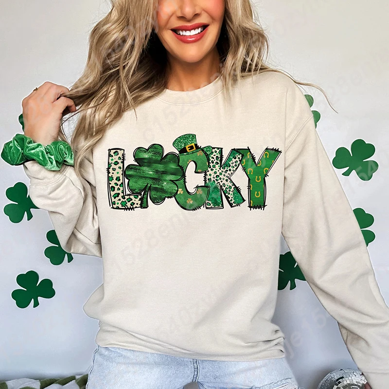 St Patty's Day Lucky Print Pullovers New Fashion Round Neck Tops Women Hoodless Sweatshirt Long-sleeved Autumn Casual Sweatshirt