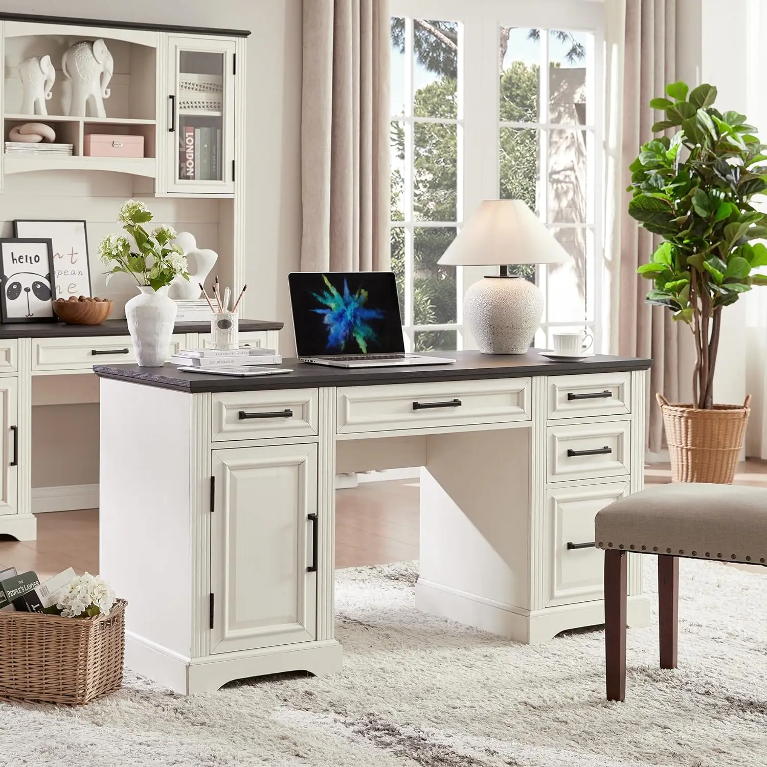 

JXQTLINGMU 58" Executive Desk, Farmhouse Computer Desk with Drawers and Cabinet, Embossed Texture Home Office Desk,