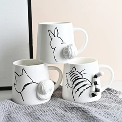 Japanese Cartoon Creative 3D Three-dimensional Ceramic Mug Cute Cat Rabbit Dog Breakfast Milk Coffee Cup with Lid Spoon Set Gift