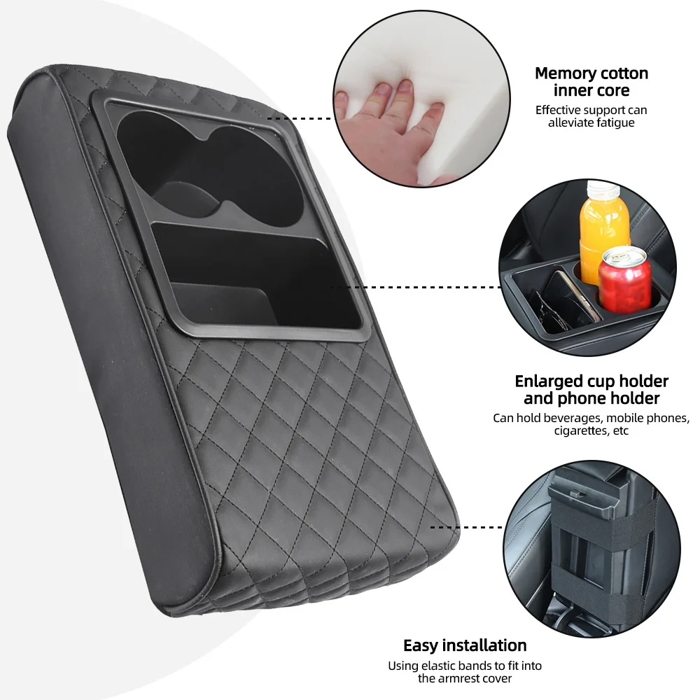 PU leather armrest pad. 2 cup holders. Comfy auto supply for better driving experience.