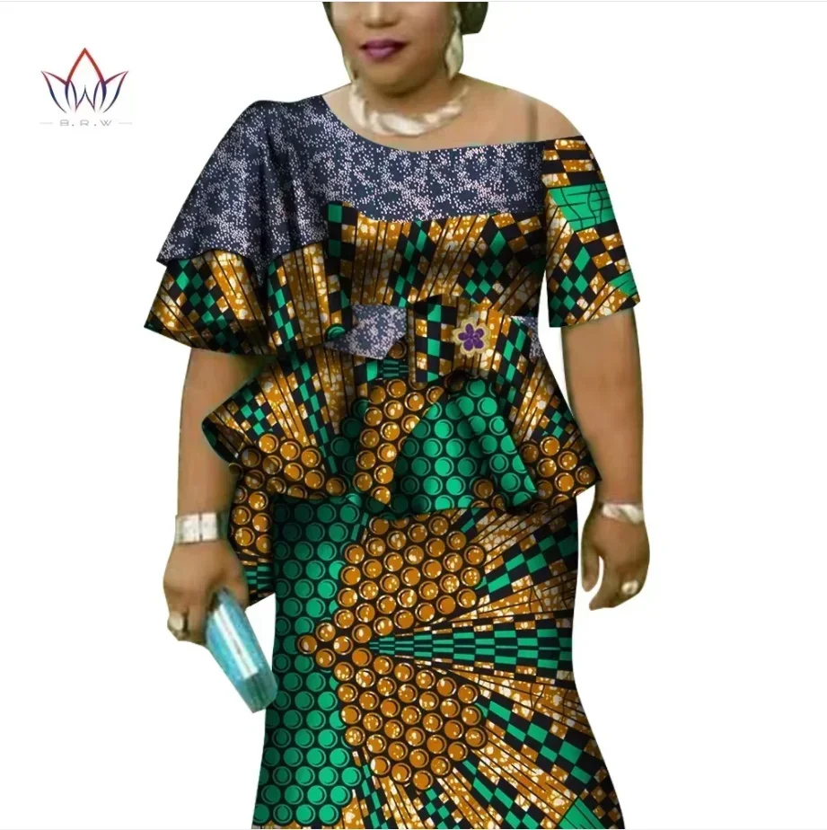 African Ruffles Sleeve Print Tops and Skirt Sets for Women Bazin Riche African Clothing 2 Pieces Customize Skirts Sets WY4392