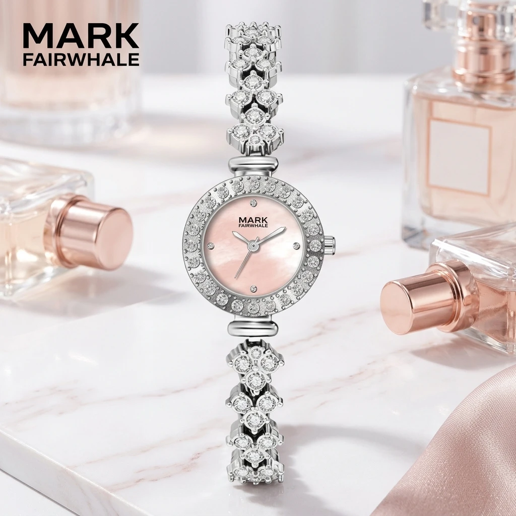 Mark Fairwhale Ladies Wrist Watch Quartz Movement Round MOP Dial Full Crystal Bezel Cluster Rhinestone Band For Women