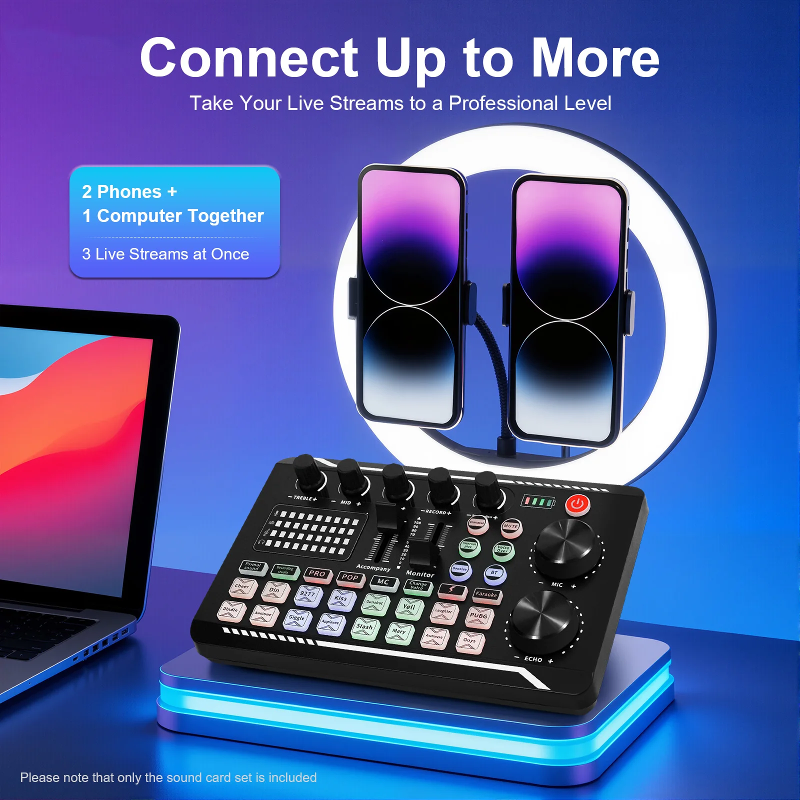 Carte d'effets sonores F998, carte de mixage sonore, carte son compatible Bluetooth avec effets sonores multiples et lumière LED