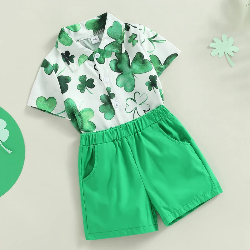 Toddler Baby Boy St Patricks Day Outfit Irish Clover Print Short Sleeve Button Down Shirt Shorts 2Pcs Summer Set