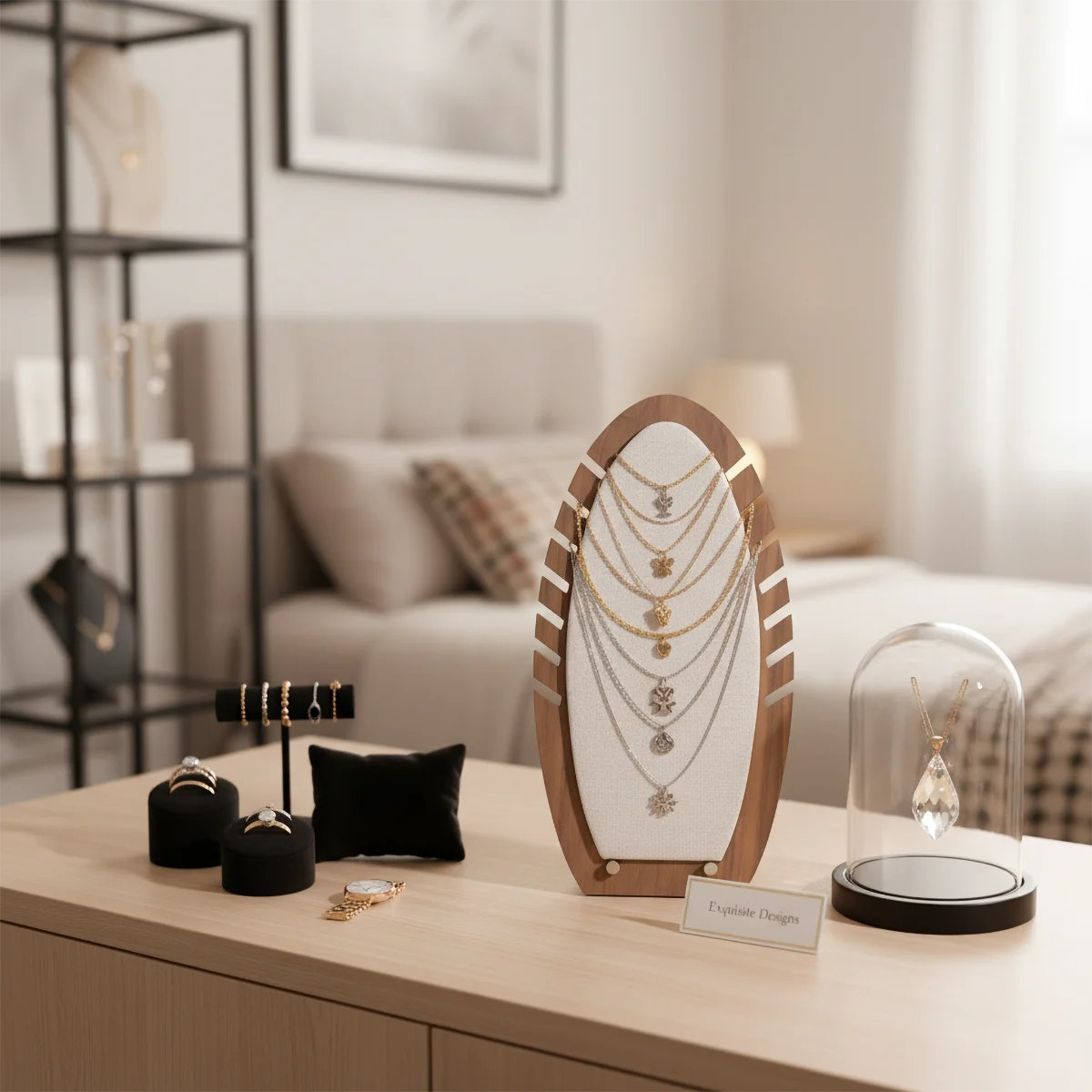 Wooden Flame-Shaped Necklace Organizer, 16-Slot Jewelry Display Stand with Linen Backing for Necklaces of All Lengths