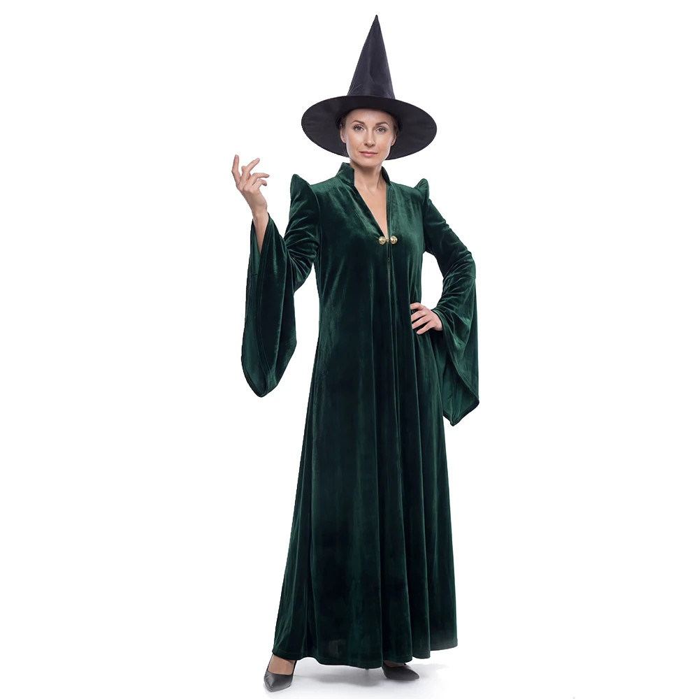 

Professor Mcgonagall Costume Adult Dark Green Velvet Cloak Women’s Cape Robe Black Witch Hat Halloween Party Accessory