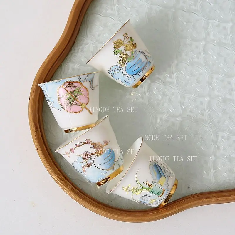 4pcs Gold Trim Porcelain Tea Cup Set Chinese 4 Gentlemen Pattern Underglaze Color Ceramic Tasting Cups for Kung Fu Tea Ceremony