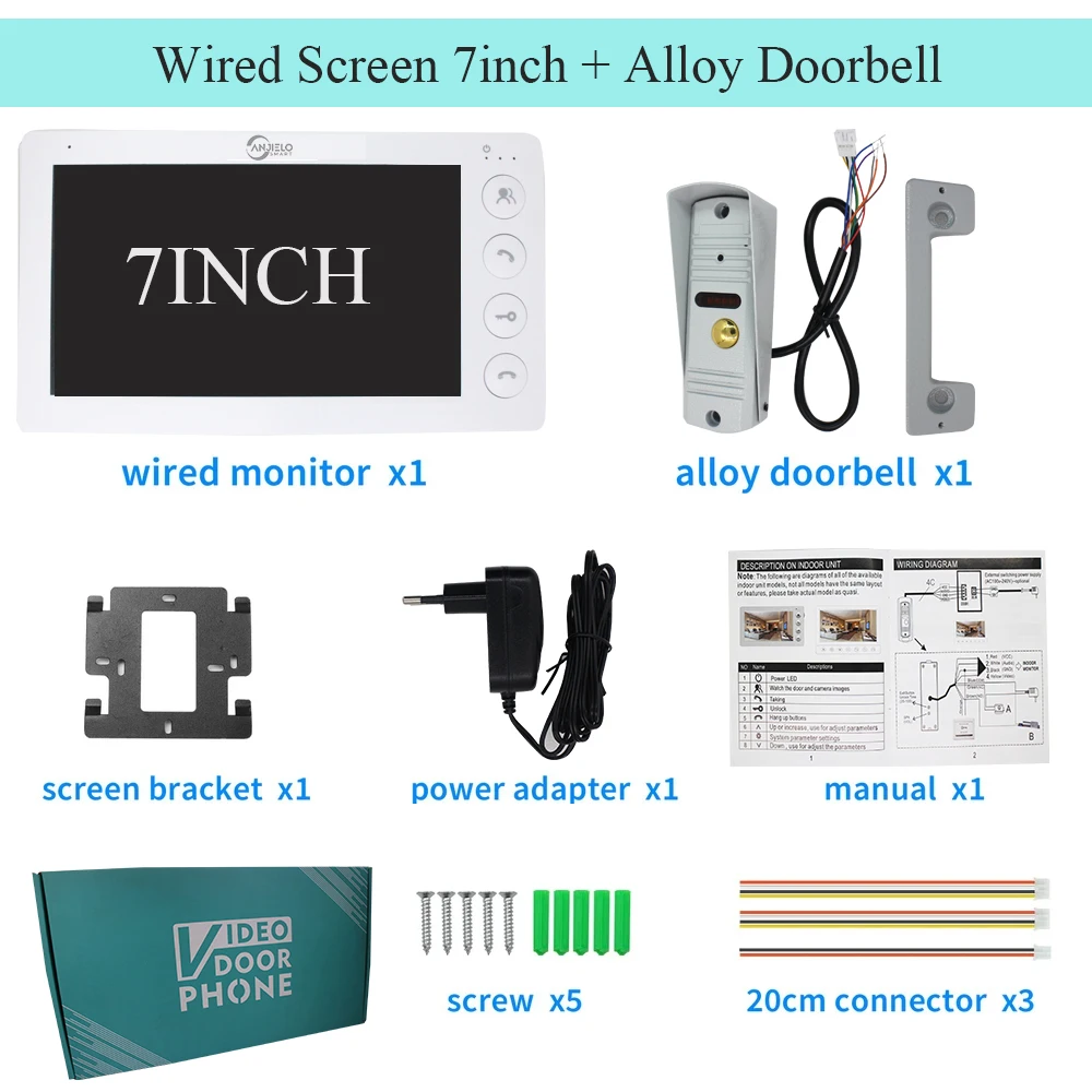 ANJIELO-timbre con cámara de 7 pulgadas, sistema de intercomunicación de vídeo para el hogar, protección de seguridad con desbloqueo de visión nocturna a prueba de agua