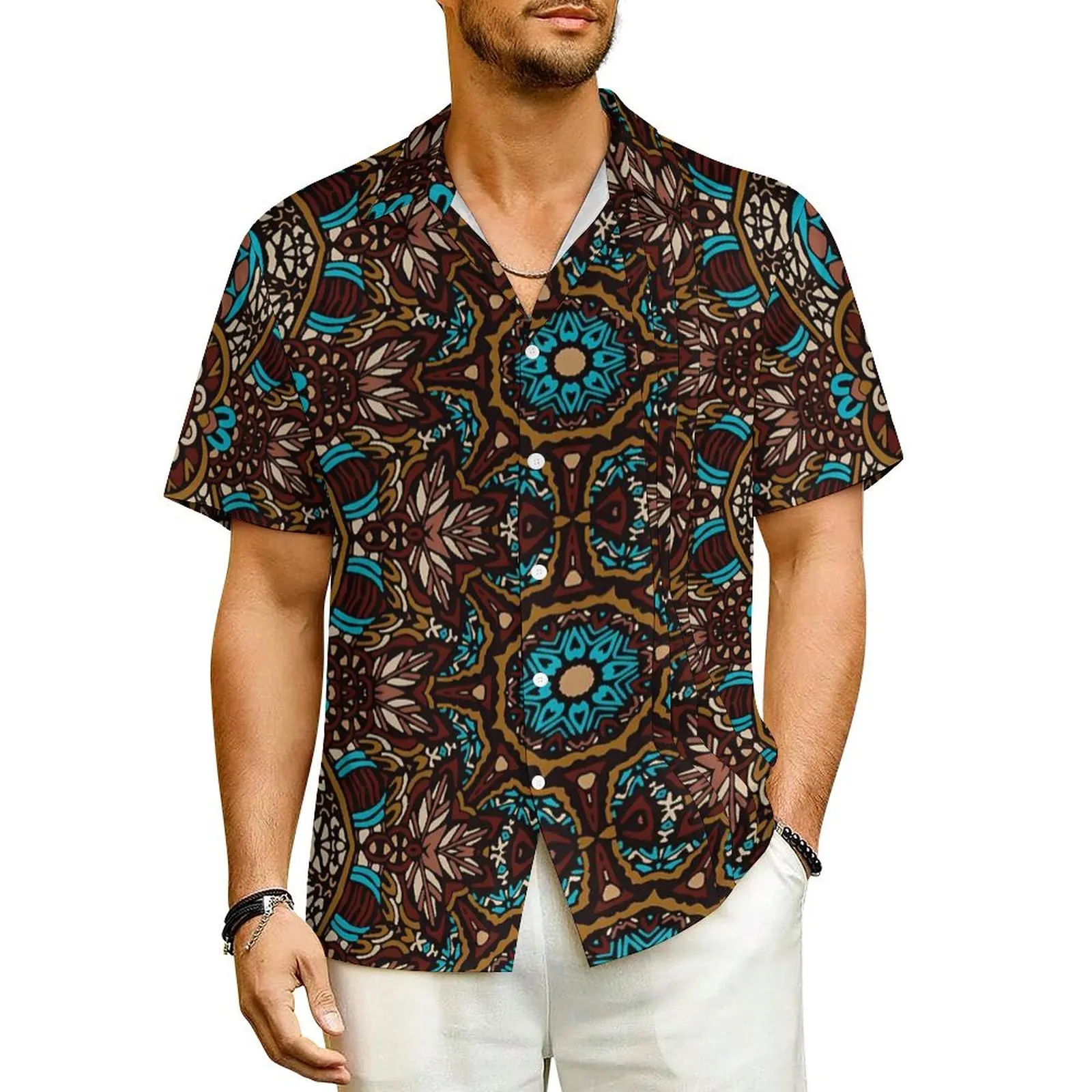 Vintage Mandala Vacation Shirt Male Floral Print Vintage Casual Shirts Hawaiian Short Sleeve Street Oversized Blouses Gift Idea