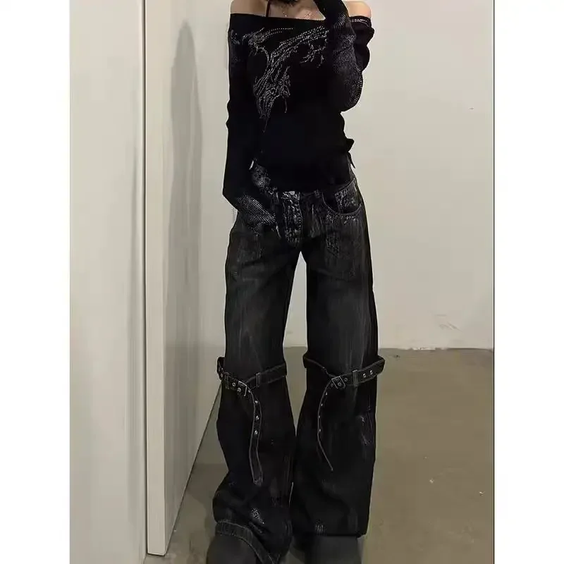 HOUZHOU Y2K Gothic Jeans Frauen Schwarz Vintage Hohe Taille Hip Hop Gerade Hose Harajuku Stern Streetwear Breite Bein Denim Hosen